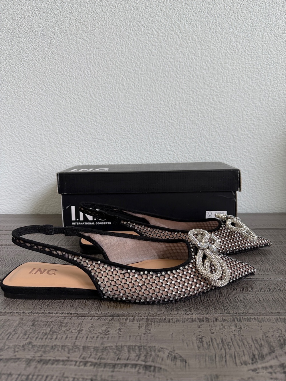 INC International Concepts Misaya Black Mesh Bling Slingback Pointed Flats NIB